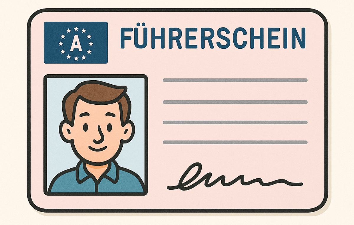Illustration eines österreichischen Führerscheins mit der Aufschrift ‚Führerschein‘. Links ist eine Zeichnung eines Mannes im Ausweisformat zu sehen, daneben leere Linien für persönliche Daten und unten eine Unterschrift.