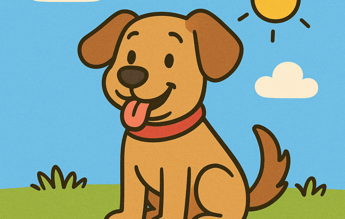 Eine bunte Zeichnung zeigt einen fröhlichen braunen Hund mit rotem Halsband. Er sitzt auf einer grünen Wiese, streckt die Zunge heraus und wedelt mit dem Schwanz. Am Himmel sind die Sonne und zwei kleine Wolken zu sehen.
