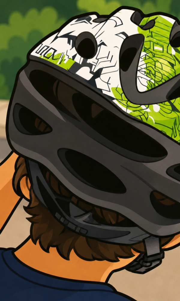 Der Helm ist groß im Vordergrund zu sehen und hat ein auffälliges Muster in Grün, Weiß und Schwarz mit vielen kleinen grafischen Linien und Formen. Er besitzt mehrere Lüftungsöffnungen und einen schwarzen unteren Rand. Man erkennt darunter die Haare des Kindes sowie den geschlossenen Kinnriemen des Helms. Im Hintergrund sieht man unscharfe grüne Büsche oder Bäume und einen Weg im Freien. Die Illustration ist im gleichen freundlichen Cartoonstil gestaltet – mit kräftigen schwarzen Konturen, klaren Flächen, einfachen Formen und leuchtenden Farben.