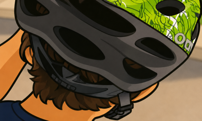 Der Helm ist groß im Vordergrund zu sehen und hat ein auffälliges Muster in Grün, Weiß und Schwarz mit vielen kleinen grafischen Linien und Formen. Er besitzt mehrere Lüftungsöffnungen und einen schwarzen unteren Rand. Man erkennt darunter die Haare des Kindes sowie den geschlossenen Kinnriemen des Helms. Im Hintergrund sieht man unscharfe grüne Büsche oder Bäume und einen Weg im Freien. Die Illustration ist im gleichen freundlichen Cartoonstil gestaltet – mit kräftigen schwarzen Konturen, klaren Flächen, einfachen Formen und leuchtenden Farben.