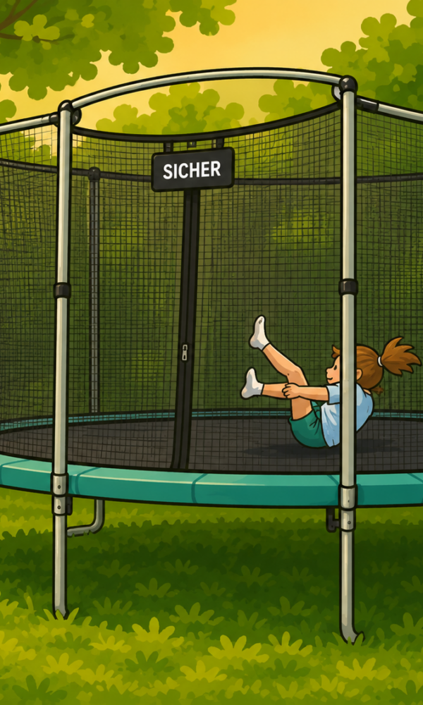 Das Bild zeigt ein großes rundes Trampolin in einem sonnigen Garten. Das Trampolin steht auf einer grünen Wiese und ist von einem hohen schwarzen Sicherheitsnetz umgeben, das an mehreren silbernen Stangen befestigt ist. In der Mitte befindet sich ein Eingang mit Reißverschluss. Das Netz wirkt jetzt gleichmäßig gespannt und realistischer aufgebaut. Im Inneren des Trampolins sitzt oder purzelt ein Kind mit hochgehobenen Beinen. Links daneben steht ein kleiner Hund auf der Wiese und schaut neugierig zum Trampolin. Im Hintergrund befinden sich viele grüne Bäume und Büsche, durch die warmes Sonnenlicht scheint. Die Illustration ist im gleichen freundlichen Cartoonstil gestaltet – mit klaren schwarzen Konturen, leuchtenden Farben, einfachen Formen und weichen Schattierungen.