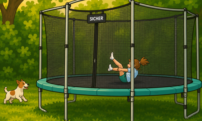 Das Bild zeigt ein großes rundes Trampolin in einem sonnigen Garten. Das Trampolin steht auf einer grünen Wiese und ist von einem hohen schwarzen Sicherheitsnetz umgeben, das an mehreren silbernen Stangen befestigt ist. In der Mitte befindet sich ein Eingang mit Reißverschluss. Das Netz wirkt jetzt gleichmäßig gespannt und realistischer aufgebaut. Im Inneren des Trampolins sitzt oder purzelt ein Kind mit hochgehobenen Beinen. Links daneben steht ein kleiner Hund auf der Wiese und schaut neugierig zum Trampolin. Im Hintergrund befinden sich viele grüne Bäume und Büsche, durch die warmes Sonnenlicht scheint. Die Illustration ist im gleichen freundlichen Cartoonstil gestaltet – mit klaren schwarzen Konturen, leuchtenden Farben, einfachen Formen und weichen Schattierungen.