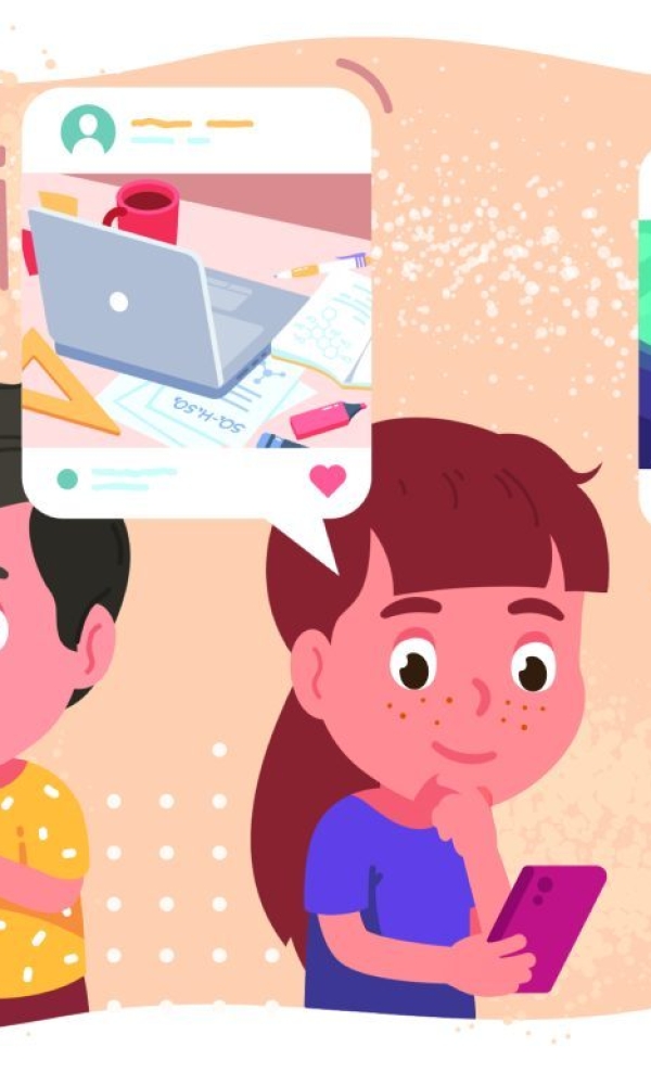 Illustration von zwei Kindern, die auf ihre Smartphones schauen. Über ihnen erscheint eine Sprechblase mit einem Bild von einem Laptop und Schreibutensilien, was auf soziale Medien oder Online-Kommunikation hinweist.
