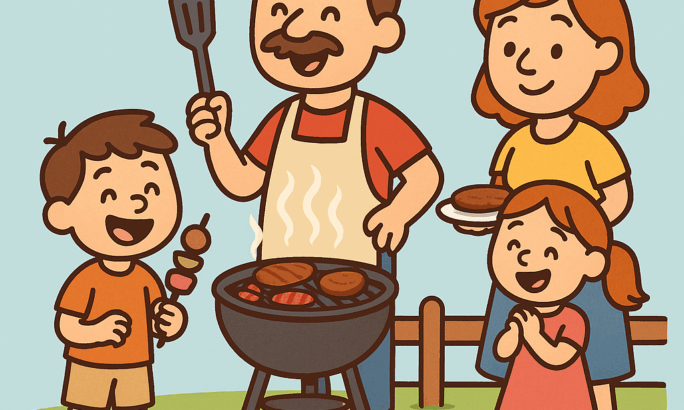 Illustration einer fröhlichen Familie beim Grillen: Ein Mann grillt Fleisch und Würstchen, eine Frau und zwei Kinder stehen daneben und freuen sich.