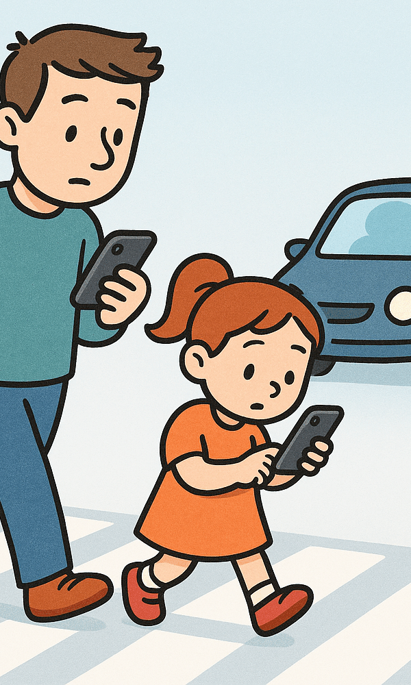 Eine Illustration zeigt einen Mann und ein Kind, die auf einem Zebrastreifen laufen. Beide schauen auf ihre Smartphones, während ein Auto in der Nähe fährt.