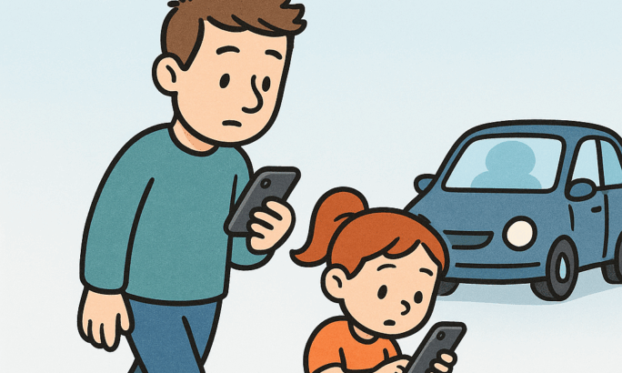 Eine Illustration zeigt einen Mann und ein Kind, die auf einem Zebrastreifen laufen. Beide schauen auf ihre Smartphones, während ein Auto in der Nähe fährt.