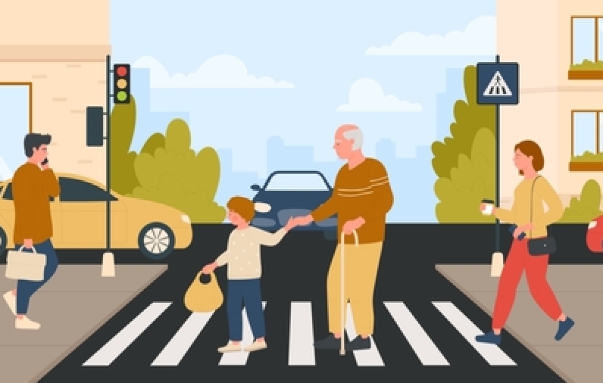 Illustration von altem Mann und Kind die die Straße queren