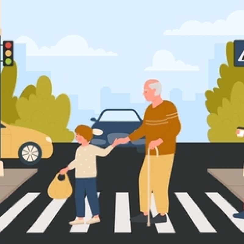 Illustration von altem Mann und Kind die die Straße queren