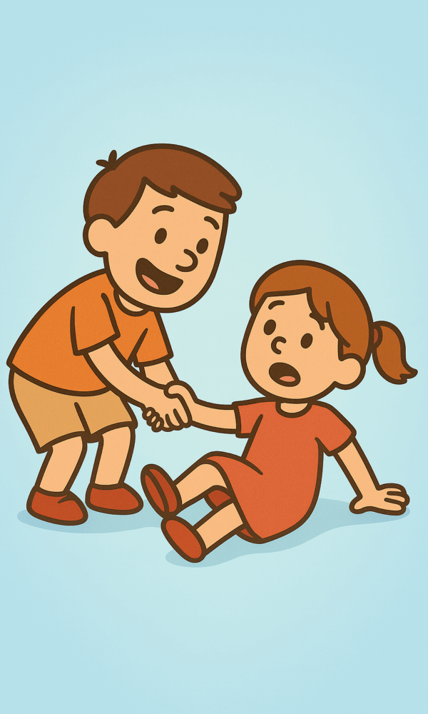 Kindgerechte Cartoon-Illustration eines Jungen und eines Mädchens vor hellblauem Hintergrund. Der Junge mit braunen Haaren, orangefarbenem T-Shirt und beiger Hose beugt sich lächelnd nach vorne und reicht dem sitzenden Mädchen die Hand, um ihr aufzuhelfen. Das Mädchen trägt ein rotes Kleid und rote Schuhe und schaut überrascht, während sie seine Hand ergreift