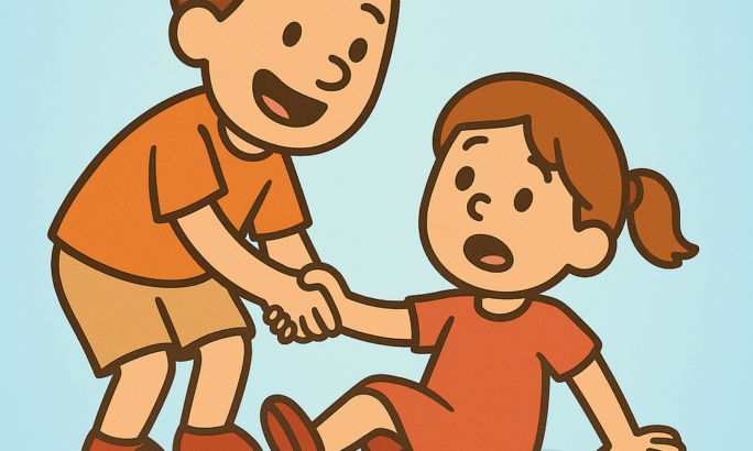 Kindgerechte Cartoon-Illustration eines Jungen und eines Mädchens vor hellblauem Hintergrund. Der Junge mit braunen Haaren, orangefarbenem T-Shirt und beiger Hose beugt sich lächelnd nach vorne und reicht dem sitzenden Mädchen die Hand, um ihr aufzuhelfen. Das Mädchen trägt ein rotes Kleid und rote Schuhe und schaut überrascht, während sie seine Hand ergreift