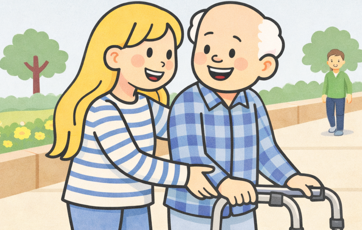 Illustration einer jungen Frau mit langen blonden Haaren, die lächelnd einen älteren Mann mit Rollator begleitet. Beide wirken fröhlich und sind in einem Park unterwegs. Im Hintergrund sind Bäume, Grünflächen und eine weitere Person zu sehen. Die Szene vermittelt Unterstützung, Fürsorge und Mobilität im Alter.