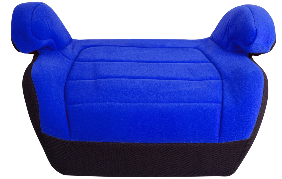 Eine blaue Sitzerhöhung für Kinder im Auto. Die Erhöhung hat schwarze Seiten und Armstützen links und rechts.