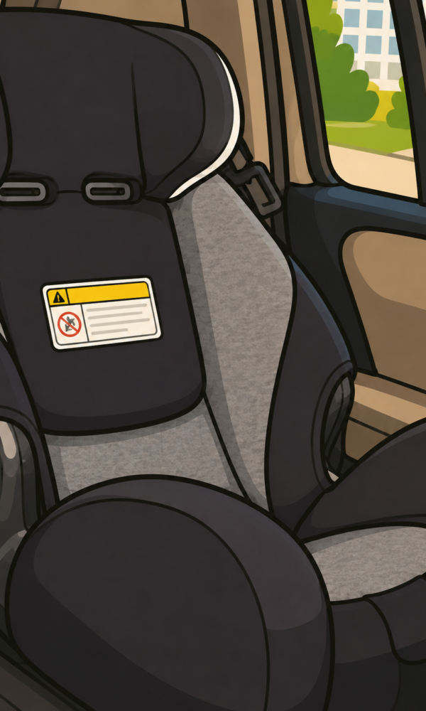 Das Bild zeigt einen Kindersitz auf der Rückbank eines Autos. Der Sitz ist groß, weich gepolstert und in dunklen Grau- und Schwarztönen gestaltet. Er besitzt hohe Seitenpolster und eine breite Sitzfläche für zusätzlichen Schutz und Komfort. Auf der Vorderseite befindet sich ein kleines gelbes Warnschild ohne Markenlogo. Im Hintergrund sieht man das Autofenster mit einem hellen Außenbereich, grünen Büschen und einem Gebäude. Die Innenverkleidung der Autotür ist schlicht in Beige und Dunkelgrau gehalten. Die Illustration ist im gleichen freundlichen Cartoonstil gezeichnet – mit klaren schwarzen Konturen, einfachen Formen, sanften Schattierungen und warmen, kräftigen Farben.