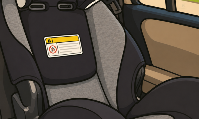 Das Bild zeigt einen Kindersitz auf der Rückbank eines Autos. Der Sitz ist groß, weich gepolstert und in dunklen Grau- und Schwarztönen gestaltet. Er besitzt hohe Seitenpolster und eine breite Sitzfläche für zusätzlichen Schutz und Komfort. Auf der Vorderseite befindet sich ein kleines gelbes Warnschild ohne Markenlogo. Im Hintergrund sieht man das Autofenster mit einem hellen Außenbereich, grünen Büschen und einem Gebäude. Die Innenverkleidung der Autotür ist schlicht in Beige und Dunkelgrau gehalten. Die Illustration ist im gleichen freundlichen Cartoonstil gezeichnet – mit klaren schwarzen Konturen, einfachen Formen, sanften Schattierungen und warmen, kräftigen Farben.