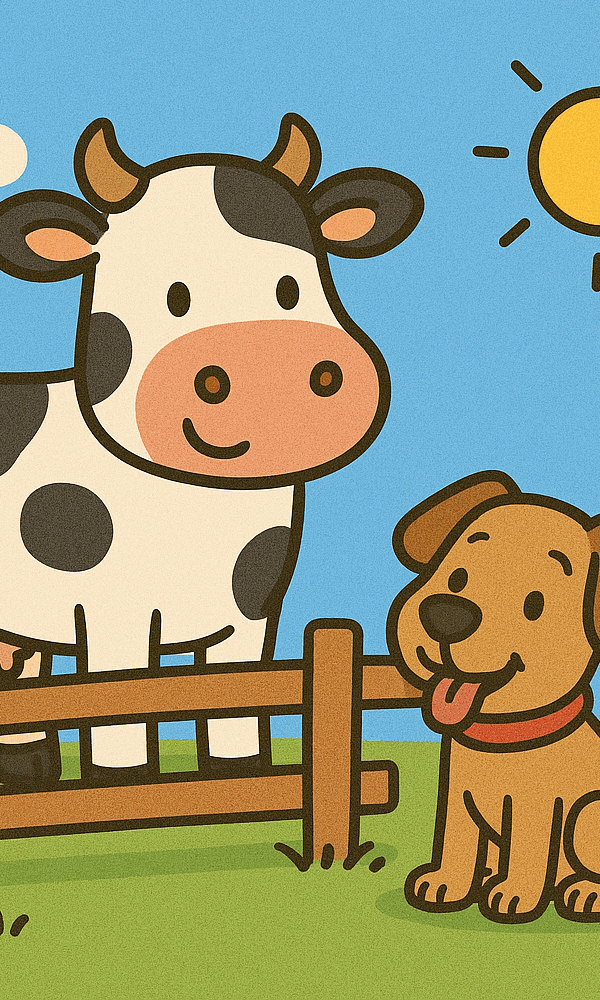 Bunte Cartoon-Zeichnung: Eine schwarz-weiß gefleckte Kuh steht hinter einem Holzzaun auf einer grünen Wiese. Davor sitzt ein fröhlicher brauner Hund mit rotem Halsband und heraushängender Zunge. Am Himmel scheint die Sonne, daneben ein paar weiße Wolken.