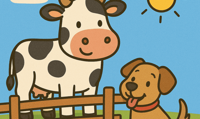 Bunte Cartoon-Zeichnung: Eine schwarz-weiß gefleckte Kuh steht hinter einem Holzzaun auf einer grünen Wiese. Davor sitzt ein fröhlicher brauner Hund mit rotem Halsband und heraushängender Zunge. Am Himmel scheint die Sonne, daneben ein paar weiße Wolken.