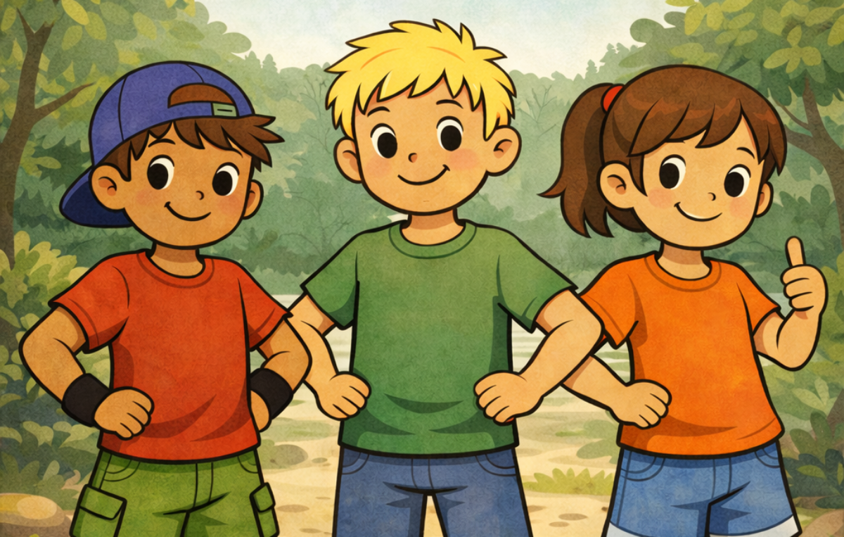 Eine matte Flat-Illustration im kindgerechten Vektor-/Cartoonstil zeigt drei Kinder, die selbstbewusst nebeneinander auf einem Waldweg stehen. Sie lächeln und haben die Hände in die Hüften gestützt. Im Vordergrund liegen ein Skateboard, ein Helm sowie eine Spraydose auf dem Boden. Im Hintergrund sind grüne Bäume und ein von einem Ast herabhängendes Seil zu sehen. Die Szene wirkt abenteuerlich und vermittelt Entdeckergeist sowie spielerische Risikobereitschaft in einer farbenfrohen, aber dezent gehaltenen Darstellung.