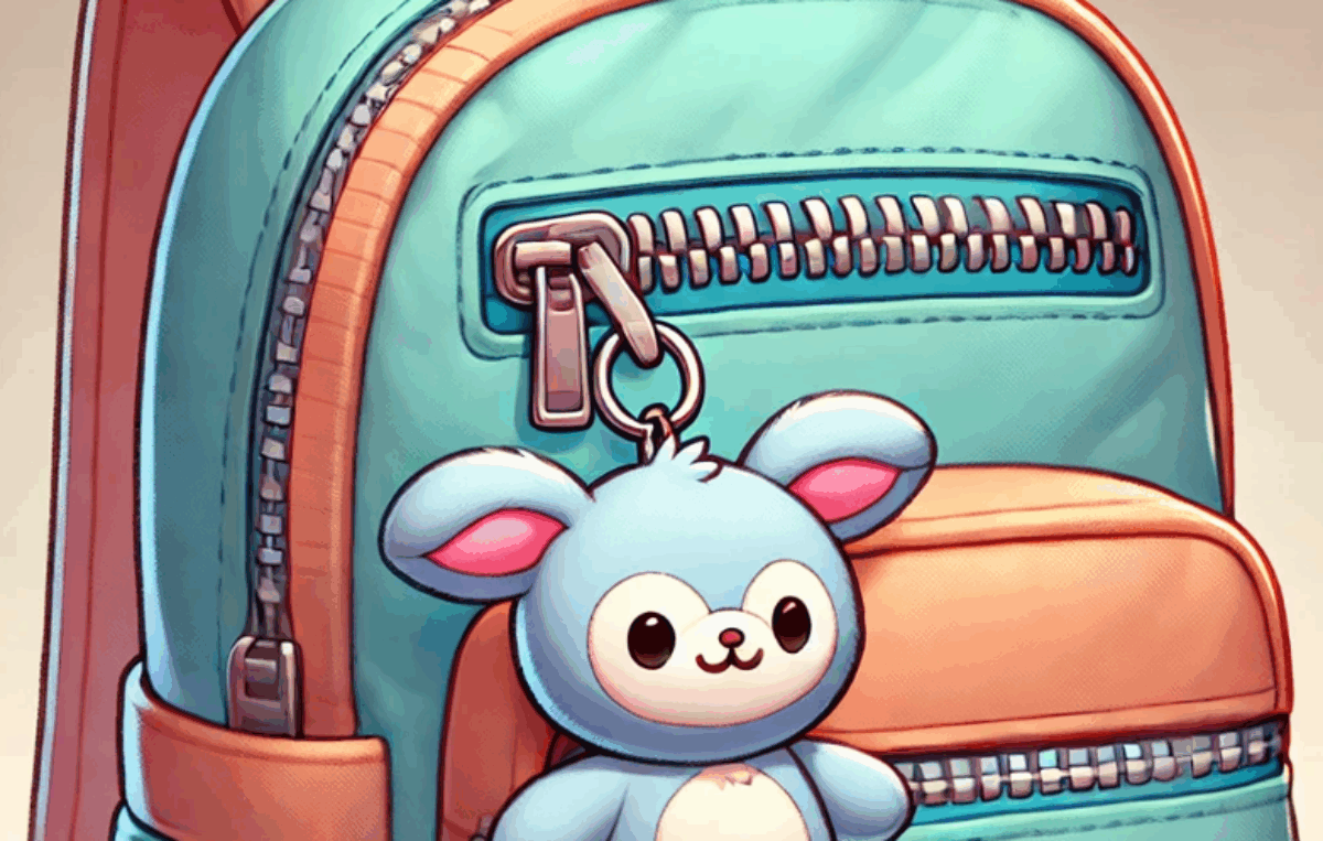Türkiser Rucksack mit orangenen Details, an dem ein blauer Kuscheltier-Anhänger in Form eines Hasen befestigt ist