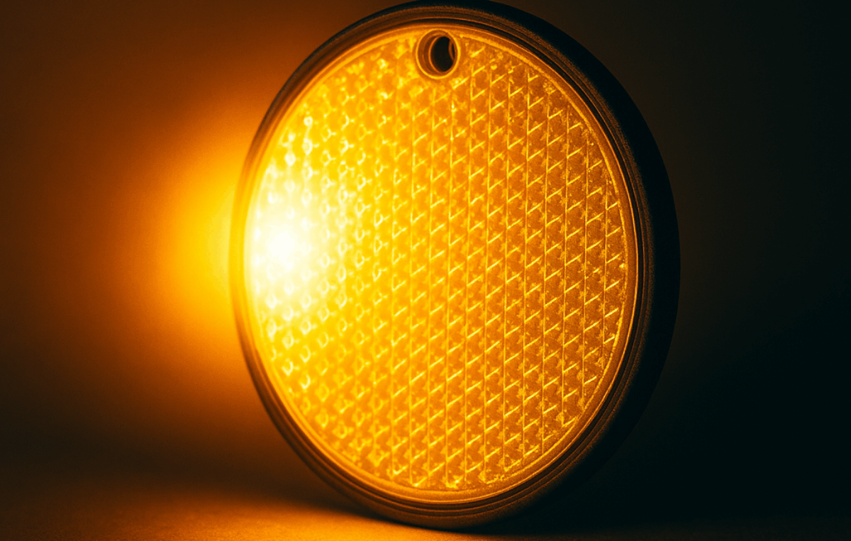 Runder, gelb-orange leuchtender Reflektor mit Wabenmuster, der im Dunkeln durch anstrahlendes Licht hell aufleuchtet