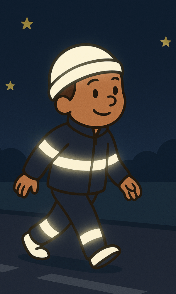 Kindgerechte Cartoon-Illustration eines Jungen, der nachts auf einer Straße spaziert. Er trägt dunkle Kleidung mit reflektierenden Streifen an Armen, Beinen und Taille sowie eine weiße Mütze. Die Reflektoren leuchten deutlich in der Dunkelheit. Im Hintergrund sind ein dunkler Himmel mit Sternen und silhouettenhafte Büsche zu sehen