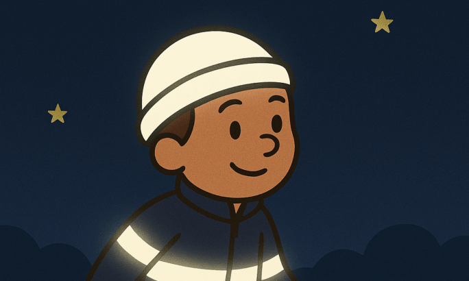 Kindgerechte Cartoon-Illustration eines Jungen, der nachts auf einer Straße spaziert. Er trägt dunkle Kleidung mit reflektierenden Streifen an Armen, Beinen und Taille sowie eine weiße Mütze. Die Reflektoren leuchten deutlich in der Dunkelheit. Im Hintergrund sind ein dunkler Himmel mit Sternen und silhouettenhafte Büsche zu sehen