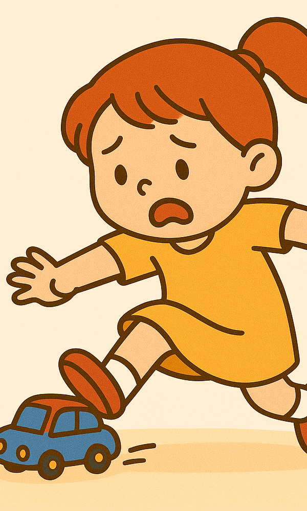 Illustration eines Mädchens mit rotem Zopf und gelbem Kleid, das stolpert, weil es auf ein kleines Spielzeugauto tritt. Sie sieht erschrocken aus und breitet die Arme aus, um das Gleichgewicht zu halten.