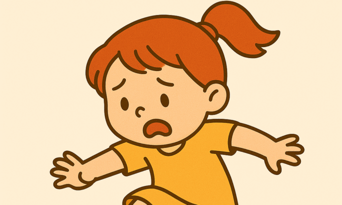 Illustration eines Mädchens mit rotem Zopf und gelbem Kleid, das stolpert, weil es auf ein kleines Spielzeugauto tritt. Sie sieht erschrocken aus und breitet die Arme aus, um das Gleichgewicht zu halten.