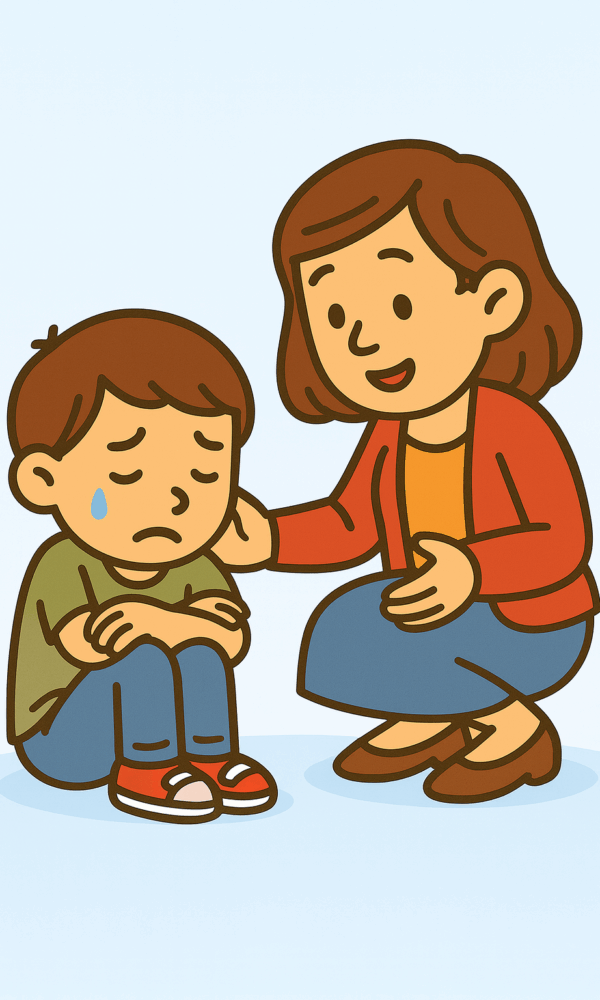 Eine Frau hockt sich freundlich zu einem weinenden Jungen, der mit verschränkten Armen und einer Träne im Gesicht am Boden sitzt. Sie legt ihm beruhigend die Hand auf die Schulter und spricht ihm tröstend zu.