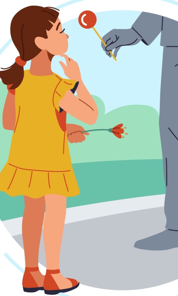 Illustration eines Mädchens im gelben Kleid, das einer erwachsenen Person gegenübersteht, die ihr ein Bonbon anbietet. Das Kind hält ein Stofftier im Arm und wirkt nachdenklich. Die Szene verdeutlicht die Gefahr von Fremden, die Kinder mit Geschenken ansprechen.