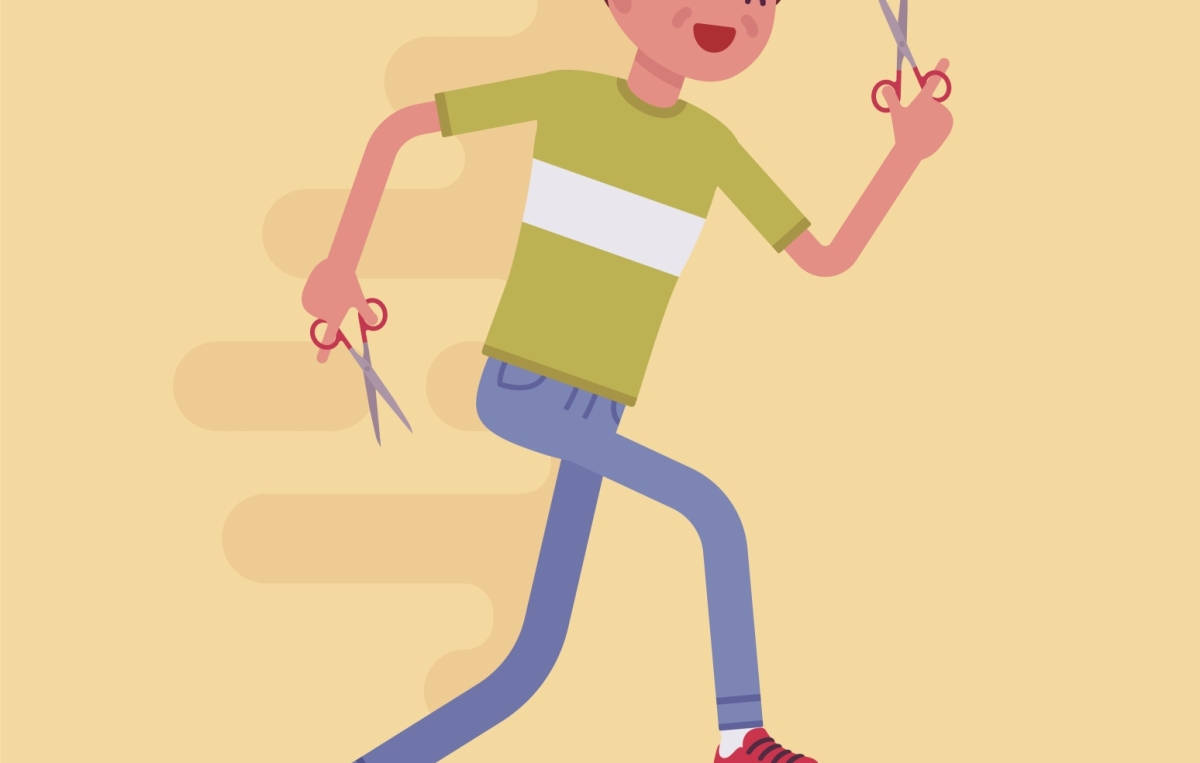 Illustration von Kind das mit Schere rennt