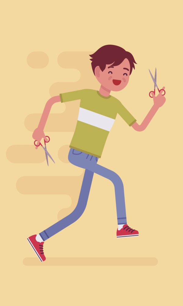 Illustration von Kind das mit Schere rennt