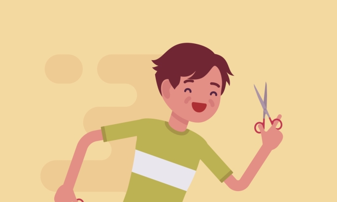 Illustration von Kind das mit Schere rennt