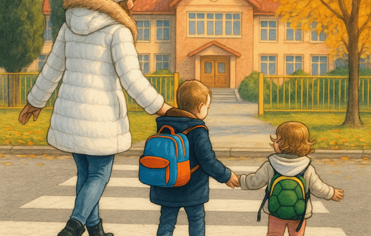 Eine Illustration zeigt eine Mutter, die mit zwei kleinen Kindern an der Hand einen Zebrastreifen überquert. Die Mutter trägt einen weißen Wintermantel mit Fellkragen und eine weiße Mütze. Das ältere Kind in der Mitte hat einen blauen Rucksack, das jüngere Kind rechts einen grünen Rucksack in Schildkrötenform. Im Hintergrund steht ein Schulgebäude mit rotem Dach, gelben Wänden und großen Fenstern. Herbstbäume mit gelbem Laub rahmen die Szene ein.