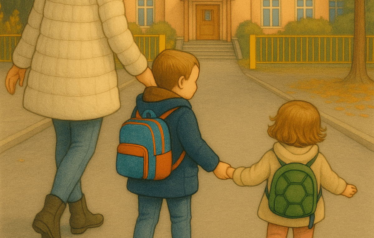 Eine Illustration zeigt eine Mutter, die mit zwei kleinen Kindern an der Hand auf eine Schule zugeht. Die Mutter trägt einen weißen, langen Wintermantel mit Kapuze und Fellkragen sowie eine weiße Mütze. Das ältere Kind mit blauem Rucksack läuft in der Mitte, das jüngere Kind mit grünem Rucksack rechts daneben. Der Boden im Vordergrund ist eine gepflasterte Straße, die direkt zum Schulgebäude führt. Es ist Herbst, die Bäume haben gelbes Laub, und die Schule mit rotem Dach und großen Fenstern steht im Hintergrund.