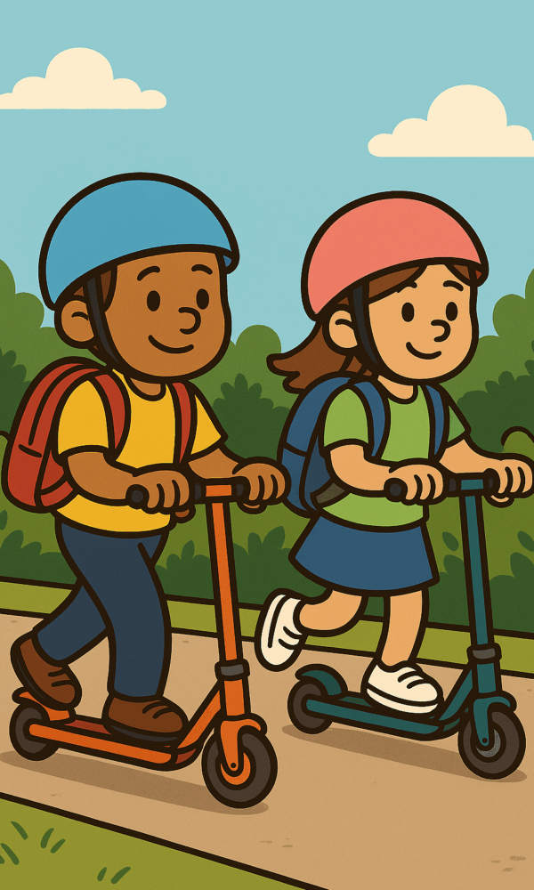 Eine bunte Comic-Illustration zeigt zwei Schulkinder, die tagsüber mit dem Roller unterwegs sind. Beide tragen Helme und Schultaschen auf dem Rücken. Sie fahren fröhlich nebeneinander auf dem Weg zur Schule. Im Hintergrund sind Häuser und Bäume zu sehen, die die Szene in einer freundlichen Umgebung darstellen.