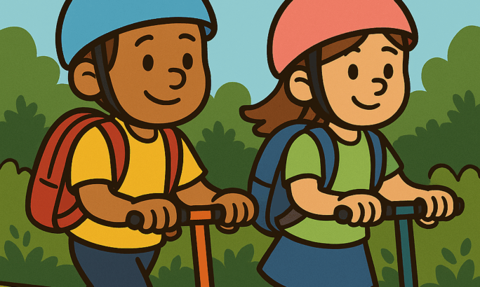 Eine bunte Comic-Illustration zeigt zwei Schulkinder, die tagsüber mit dem Roller unterwegs sind. Beide tragen Helme und Schultaschen auf dem Rücken. Sie fahren fröhlich nebeneinander auf dem Weg zur Schule. Im Hintergrund sind Häuser und Bäume zu sehen, die die Szene in einer freundlichen Umgebung darstellen.