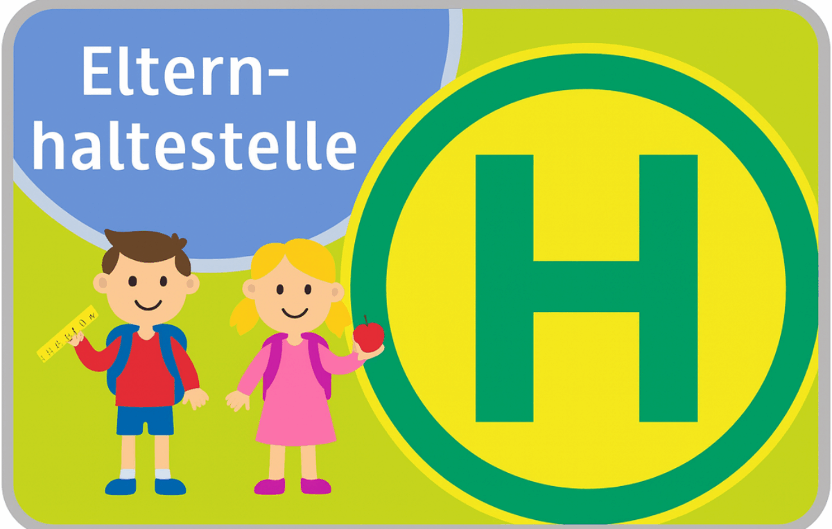 Schild mit der Aufschrift „Elternhaltestelle“, daneben ein großes gelbes Kreiszeichen mit grünem H. Links stehen zwei gezeichnete Kinderfiguren, ein Junge mit Rucksack und Lineal sowie ein Mädchen mit Rucksack und Apfel