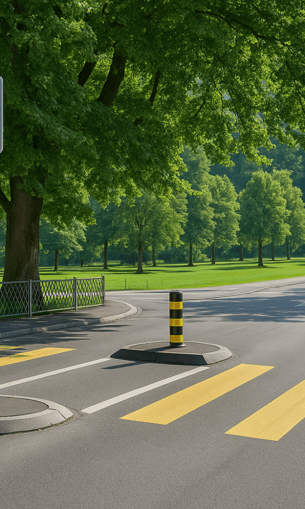Zebrastreifen mit Verkehrsinsel und Warnbaken, daneben Fußgängerüberweg-Schild, im Hintergrund ein grüner Park mit Bäumen.