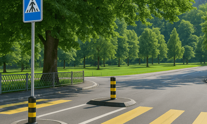 Zebrastreifen mit Verkehrsinsel und Warnbaken, daneben Fußgängerüberweg-Schild, im Hintergrund ein grüner Park mit Bäumen.