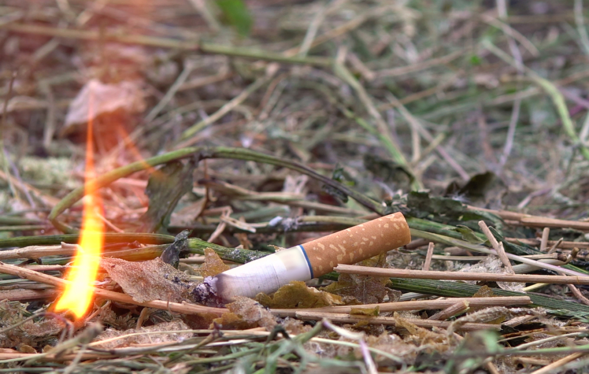 Zigarette, die ein Flamme auf trockenem Boden erzeugt
