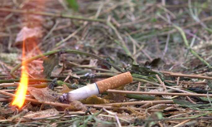 Zigarette, die ein Flamme auf trockenem Boden erzeugt
