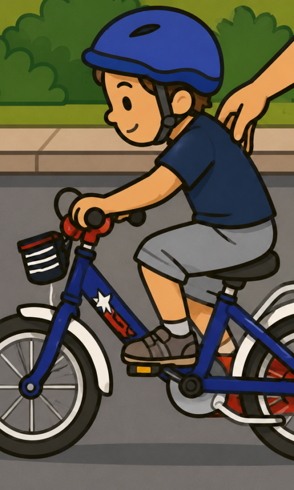 Das Bild zeigt ein kleines Kind, das gerade Fahrradfahren lernt. Das Kind trägt einen blauen Helm, ein dunkelblaues T-Shirt und graue Shorts. Es sitzt auf einem kleinen blauen Fahrrad mit roten Details und fährt auf einer Straße oder einem Gehweg entlang. Neben dem Kind läuft eine erwachsene Person mit Jeans und kariertem Hemd und hält schützend eine Hand hinter den Rücken des Kindes, um beim Gleichgewicht zu helfen. Im Hintergrund sieht man grüne Büsche und einen Weg. Die Illustration ist im freundlichen Cartoon-Stil mit kräftigen schwarzen Konturen, einfachen Formen und leuchtenden Farben gezeichnet.
