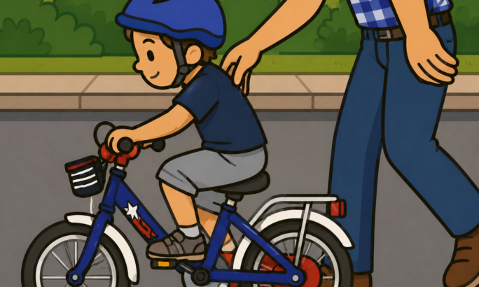 Das Bild zeigt ein kleines Kind, das gerade Fahrradfahren lernt. Das Kind trägt einen blauen Helm, ein dunkelblaues T-Shirt und graue Shorts. Es sitzt auf einem kleinen blauen Fahrrad mit roten Details und fährt auf einer Straße oder einem Gehweg entlang. Neben dem Kind läuft eine erwachsene Person mit Jeans und kariertem Hemd und hält schützend eine Hand hinter den Rücken des Kindes, um beim Gleichgewicht zu helfen. Im Hintergrund sieht man grüne Büsche und einen Weg. Die Illustration ist im freundlichen Cartoon-Stil mit kräftigen schwarzen Konturen, einfachen Formen und leuchtenden Farben gezeichnet.