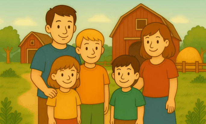 Illustration einer Familie mit zwei Erwachsenen und drei Kindern, die vor einem Bauernhof mit roten Scheunen steht.