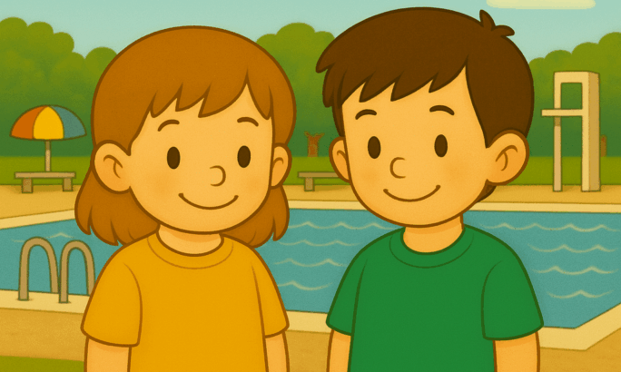 Illustration von zwei Kindern, die nebeneinander auf einer Wiese vor einem Schwimmbad mit Pool und Wasserrutsche stehen.