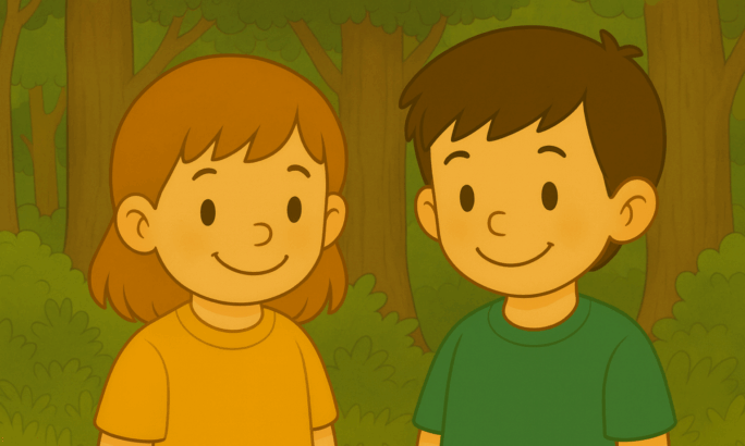 Zwei Kinder, ein Mädchen in orangefarbenem T-Shirt und ein Junge in grünem T-Shirt mit Rucksack, stehen nebeneinander auf einem Waldweg. Um sie herum sind grüne Bäume und Büsche, die Szene wirkt freundlich und ruhig