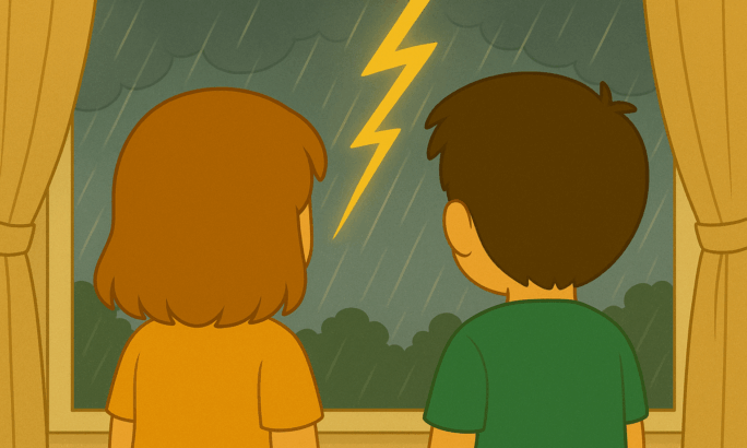 Eine Illustration im 2D-Cartoonstil zeigt zwei Kinder von hinten, ein Mädchen mit orangefarbenem T-Shirt und ein Junge mit grünem T-Shirt. Sie stehen nebeneinander und blicken durch ein großes Fenster nach draußen. Draußen regnet es stark, dunkle Wolken hängen am Himmel, und ein heller Blitz erleuchtet die Szene. Links und rechts sind beige Vorhänge sichtbar.