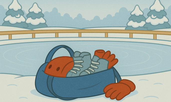 Eine 2D-Cartoon-Illustration zeigt einen verschneiten Eislaufplatz im Hintergrund mit einer hölzernen Bande und schneebedeckten Bäumen. Im Vordergrund steht eine blaue Tasche auf dem Schnee. Aus der Tasche ragen ein roter Helm und ein Paar graue Eislaufschuhe heraus, daneben liegen rote Handschuhe.