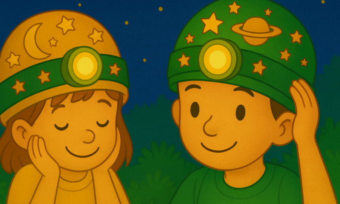 Eine 2D-Cartoon-Illustration zeigt zwei Kinder bei Nacht im Freien. Beide tragen Helme mit Sternenmustern und leuchtenden Stirnlampen. Das Mädchen links trägt ein gelbes Shirt und einen gelben Helm mit Mond- und Sternmotiven, sie hat die Augen geschlossen und stützt ihr Gesicht mit den Händen. Der Junge rechts trägt ein grünes Shirt und einen grünen Helm mit Planeten- und Sternmotiven, er berührt seinen Helm mit der Hand und lächelt. Im Hintergrund ist ein dunkler Nachthimmel mit Sternen und angedeuteten Büschen zu sehen.