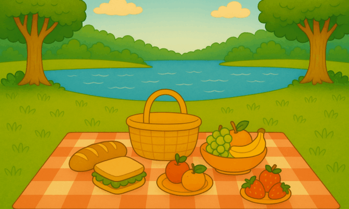 Eine 2D-Cartoon-Illustration zeigt eine Picknickszene an einem See. Auf einer rot-weiß karierten Decke stehen ein Picknickkorb, ein Baguette, ein Sandwich, ein Teller mit zwei Äpfeln, eine Schale mit Trauben, einer Orange und Bananen sowie ein Teller mit Erdbeeren. Im Hintergrund sind der blaue See, grüne Wiesen, Bäume und Hügel zu sehen, darüber ein heller Himmel mit ein paar Wolken.